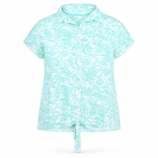 Front view of Marks & Spencer women’s green paisley cotton basic button-up, size UK 18, collared