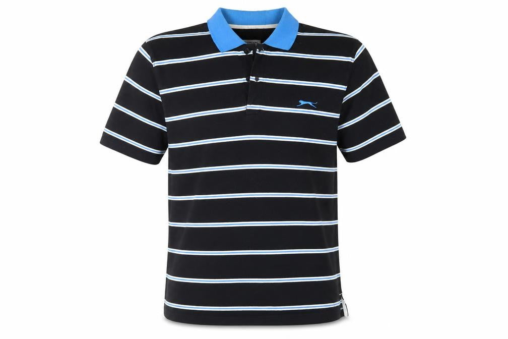 Front view of Slazenger men’s black striped polyester polo, size M, collared button
