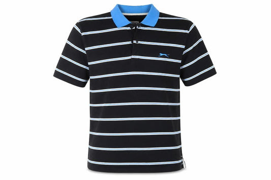 Front view of Slazenger men’s black striped polyester polo, size M, collared button
