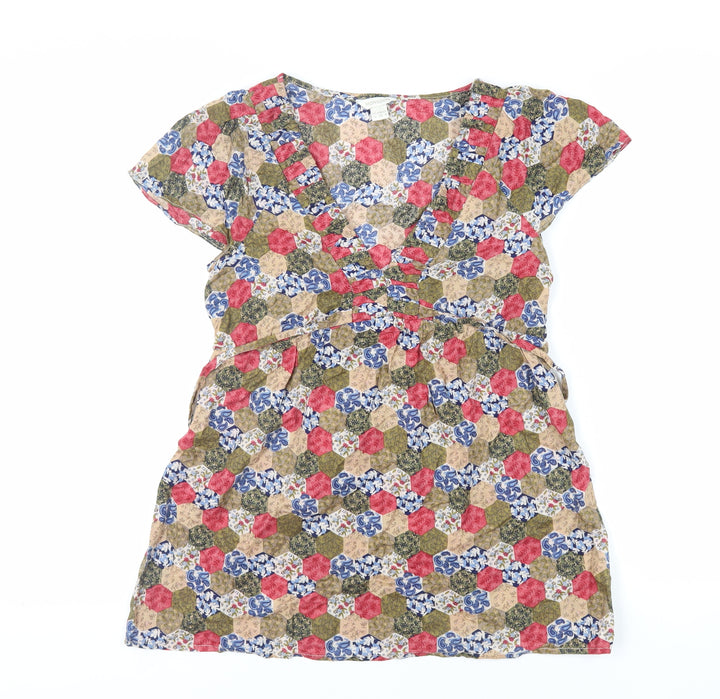 Monsoon Womens Multicoloured Geometric Cotton Basic Blouse Size 10 V-Neck