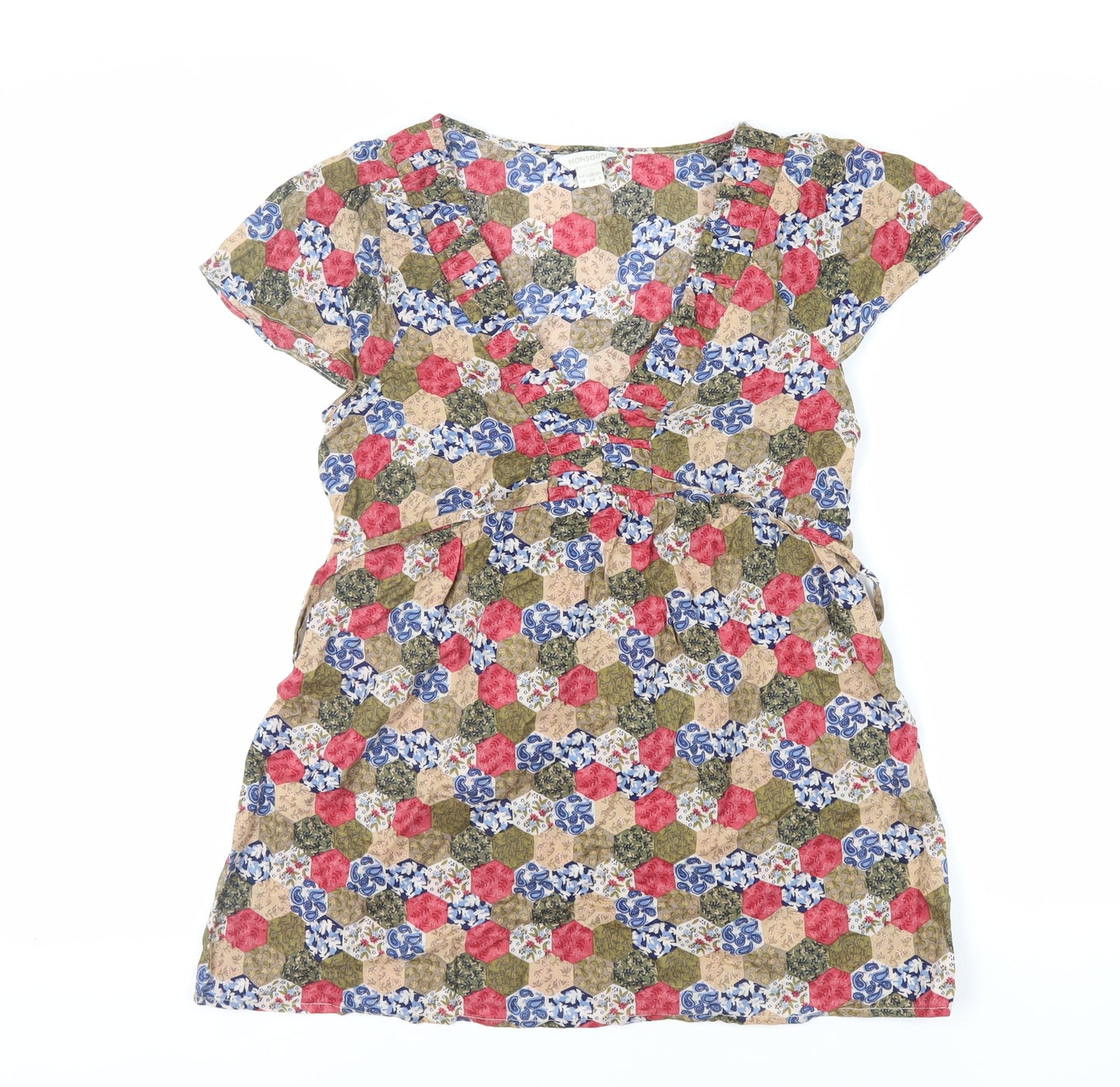 Monsoon Womens Multicoloured Geometric Cotton Basic Blouse Size 10 V-Neck