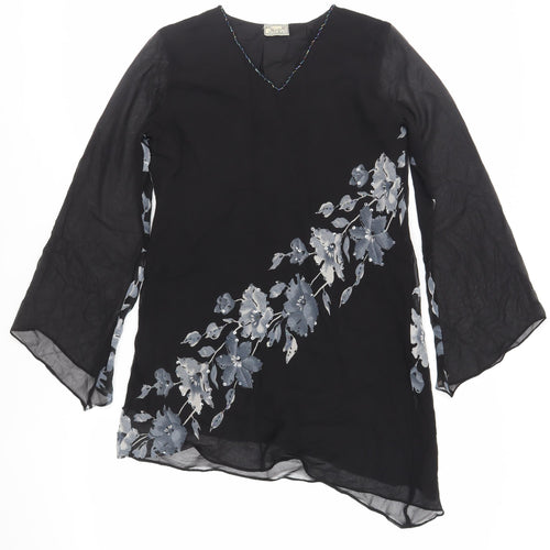 Kushi Womens Black Floral Polyester Tunic Blouse Size 10 V-Neck - Beaded Sequin