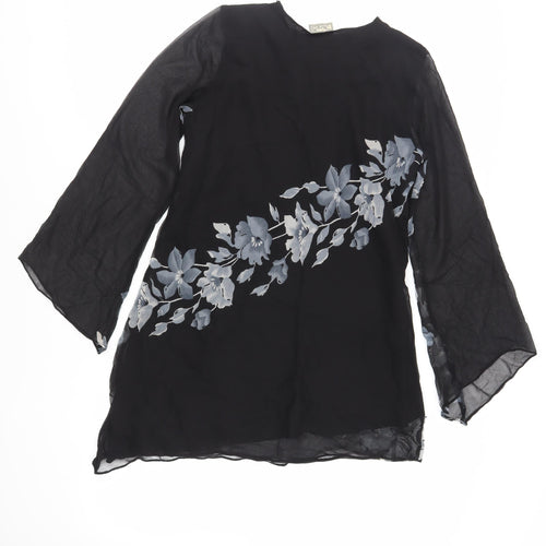 Kushi Womens Black Floral Polyester Tunic Blouse Size 10 V-Neck - Beaded Sequin