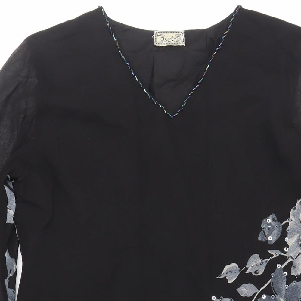 Kushi Womens Black Floral Polyester Tunic Blouse Size 10 V-Neck - Beaded Sequin