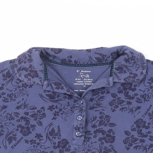 O' Haslams Womens Blue Floral Cotton Basic Polo Size 12 Collared