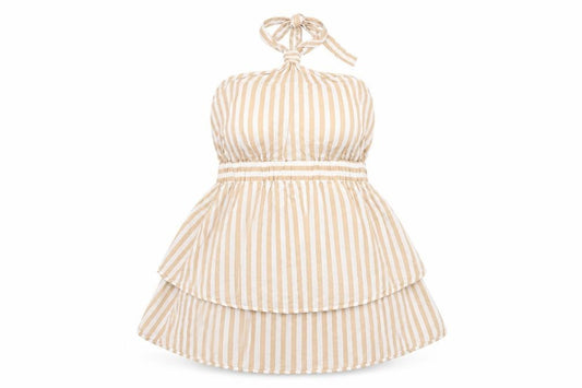 Front view of ASOS women’s beige striped cotton basic blouse, size UK 10, halter - backless
