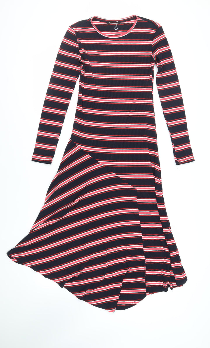 Stradivarius Womens Black Striped Cotton T-Shirt Dress Size L Crew Neck Pullover - Ribbed
