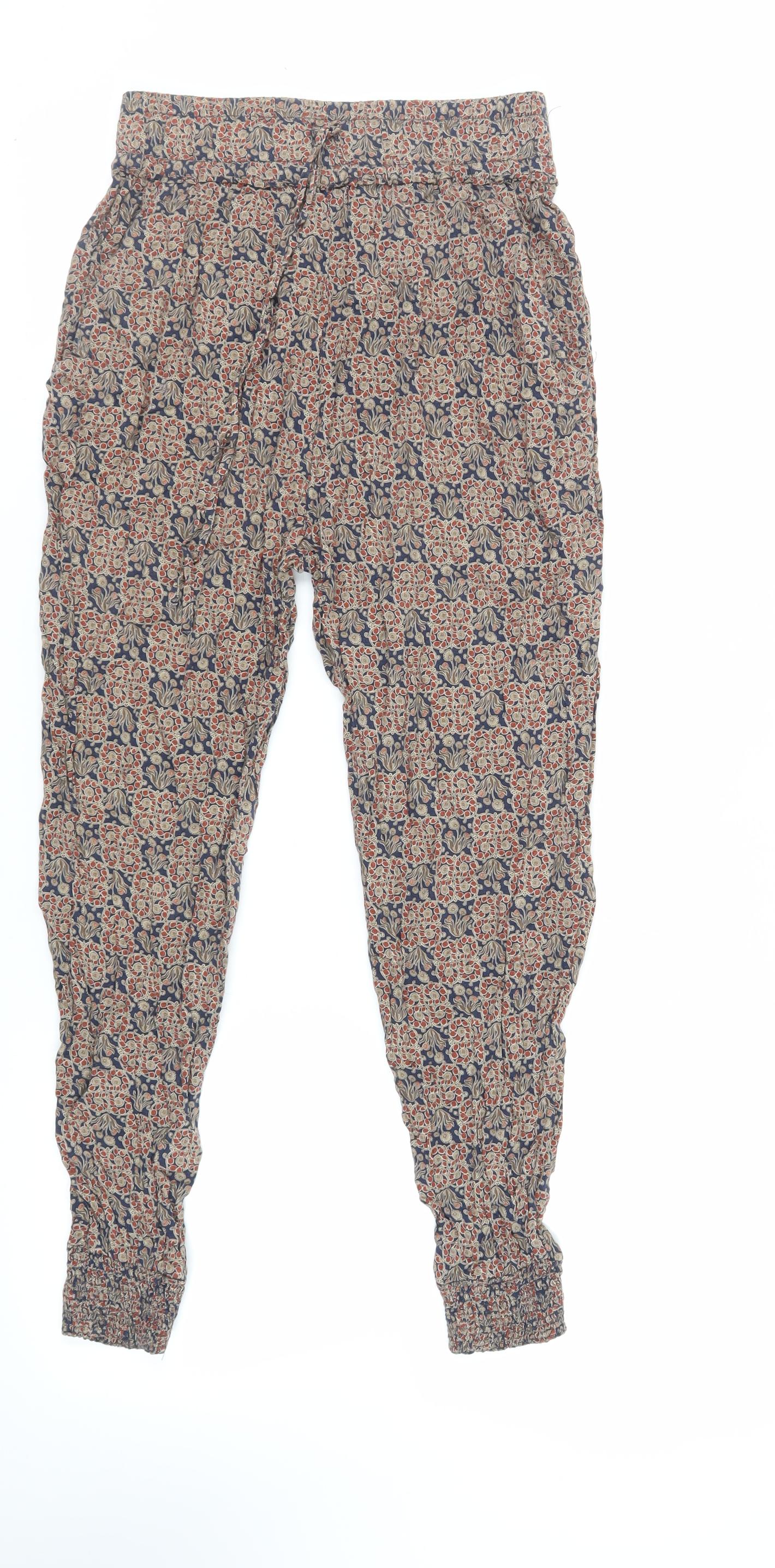 Zara Womens Brown Floral Viscose Trousers Size S L27 in Regular - Elasticated Waist