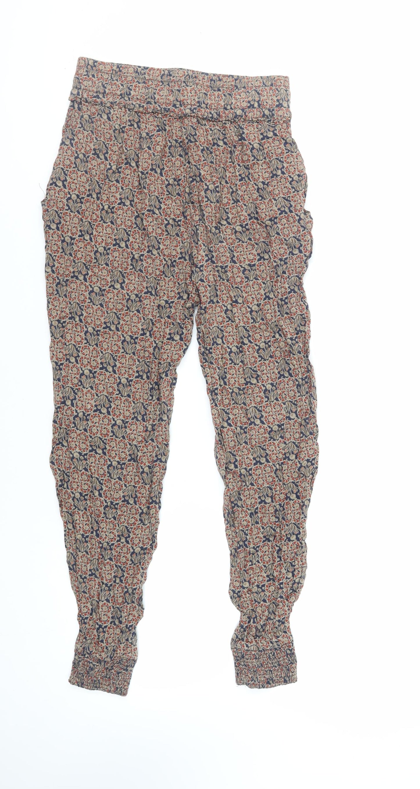 Zara Womens Brown Floral Viscose Trousers Size S L27 in Regular - Elasticated Waist