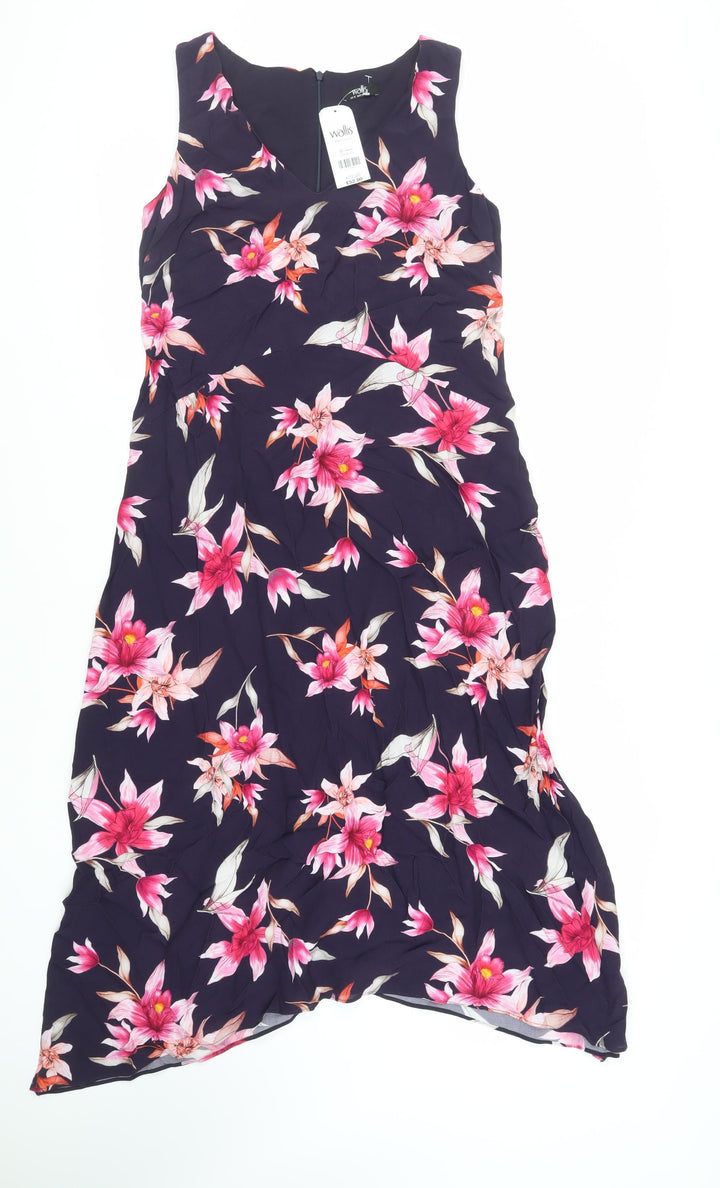 Wallis Womens Purple Floral Viscose A-Line Size 10 V-Neck Zip