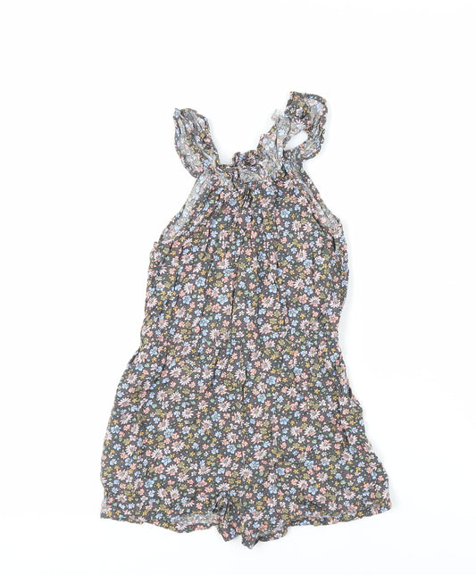 H&M Girls Grey Floral Viscose Playsuit One-Piece Size 7-8 Years Pullover - Elasticated Waist