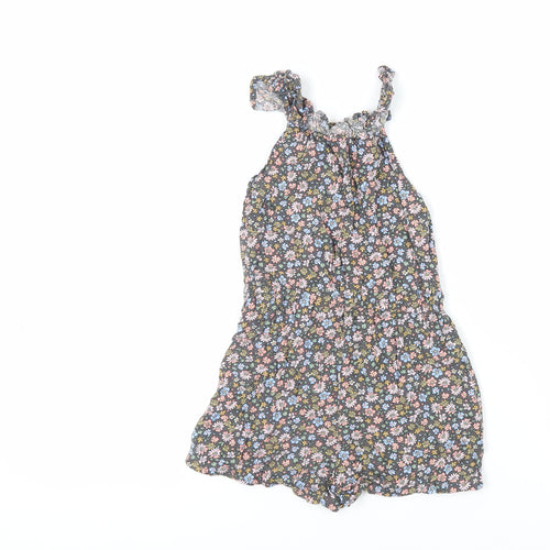 H&M Girls Grey Floral Viscose Playsuit One-Piece Size 7-8 Years Pullover - Elasticated Waist