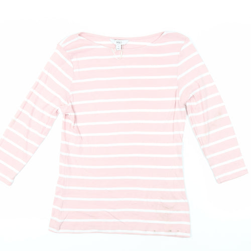 Marks and Spencer Womens Pink Striped Cotton Basic T-Shirt Size 12 Boat Neck
