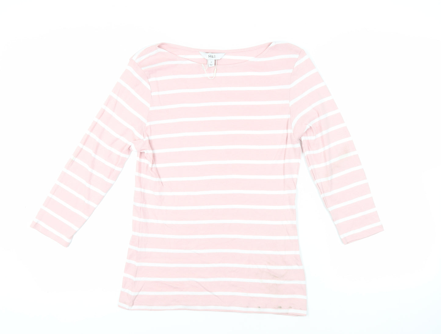 Marks and Spencer Womens Pink Striped Cotton Basic T-Shirt Size 12 Boat Neck