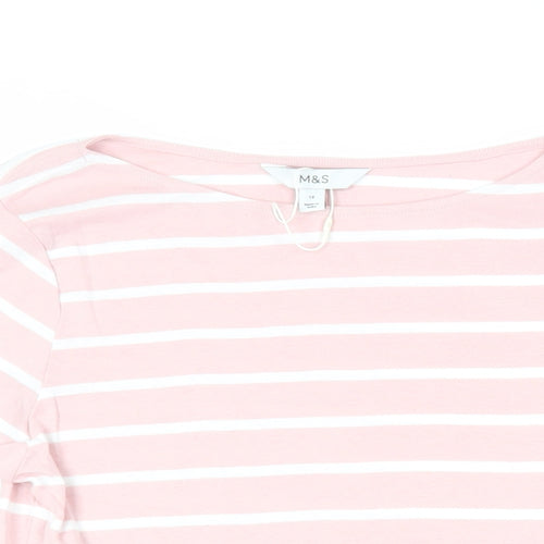 Marks and Spencer Womens Pink Striped Cotton Basic T-Shirt Size 12 Boat Neck