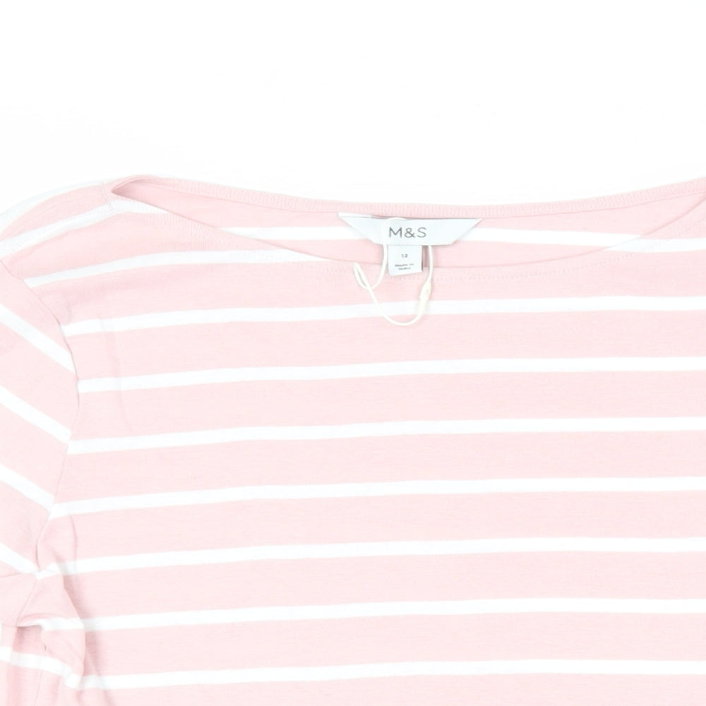 Marks and Spencer Womens Pink Striped Cotton Basic T-Shirt Size 12 Boat Neck