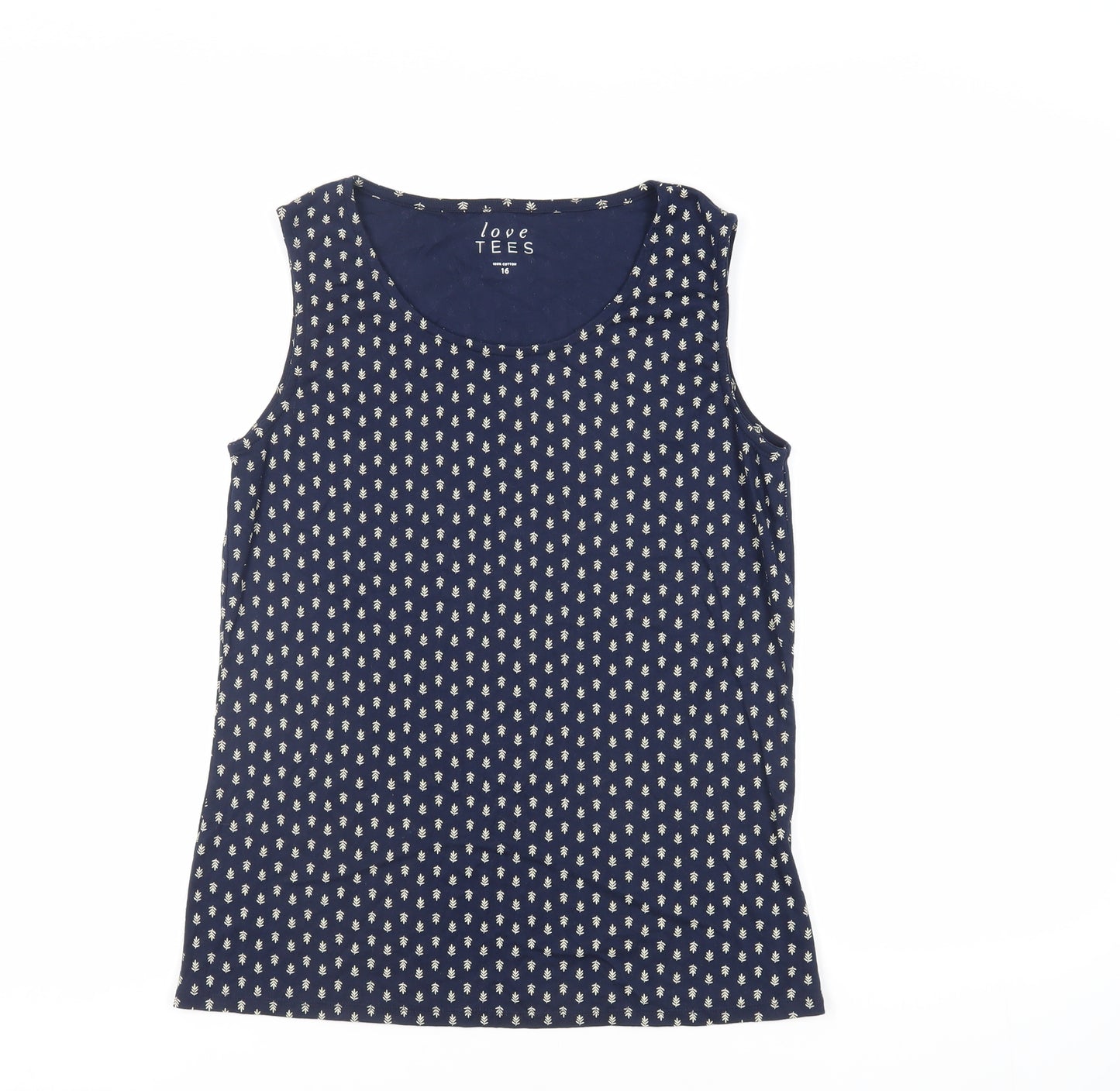 Love Tees Womens Blue Geometric Cotton Basic Tank Size 16 Boat Neck