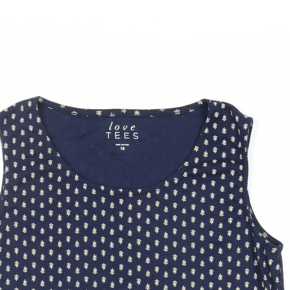 Love Tees Womens Blue Geometric Cotton Basic Tank Size 16 Boat Neck