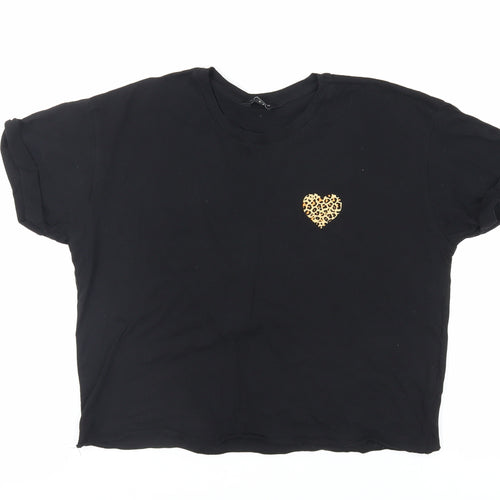 New Look Womens Black Cotton Basic T-Shirt Size 8 Crew Neck - Heart