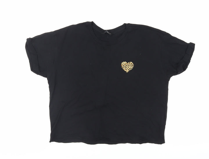 New Look Womens Black Cotton Basic T-Shirt Size 8 Crew Neck - Heart