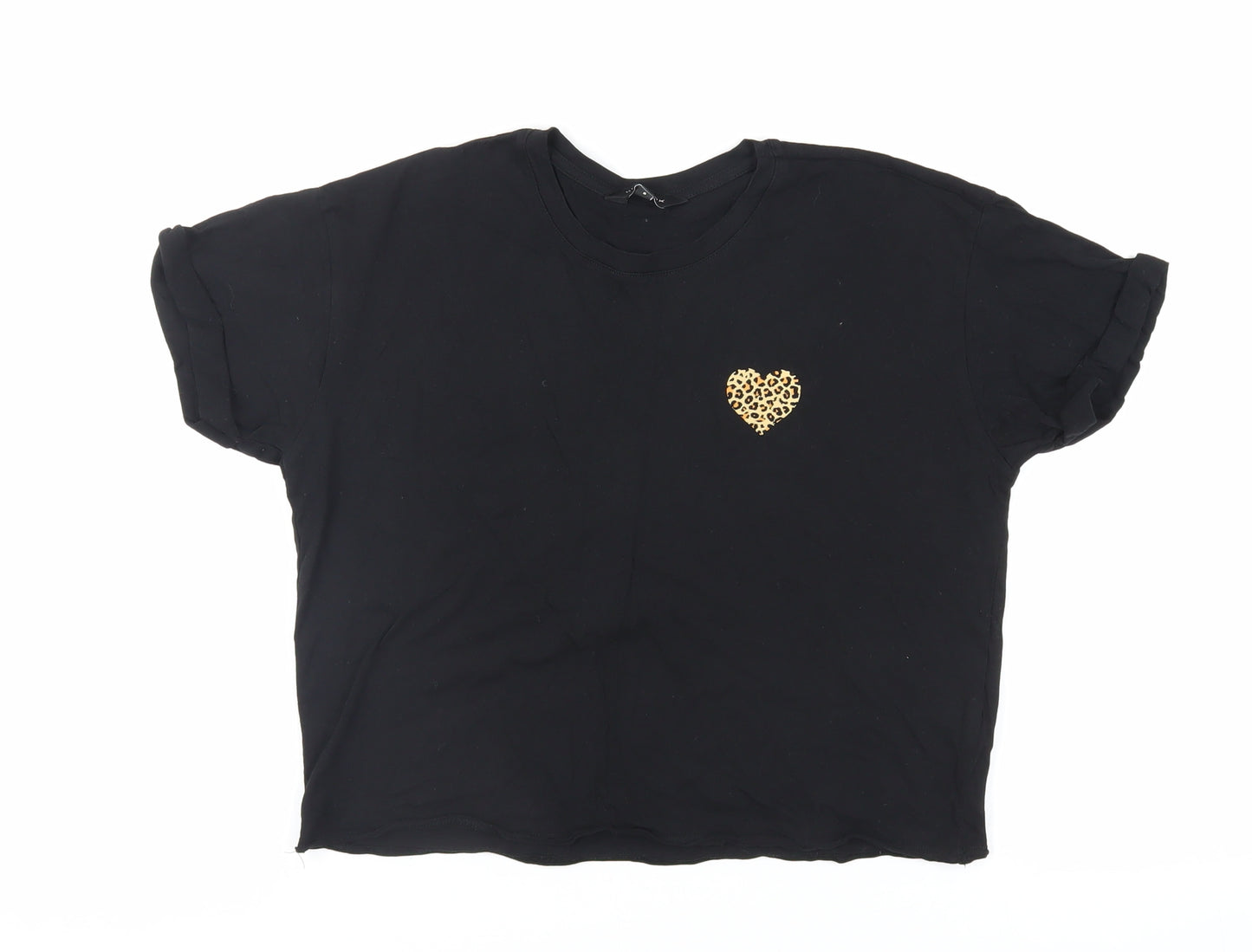 New Look Womens Black Cotton Basic T-Shirt Size 8 Crew Neck - Heart