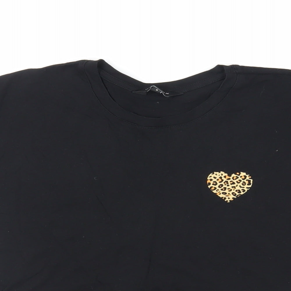 New Look Womens Black Cotton Basic T-Shirt Size 8 Crew Neck - Heart