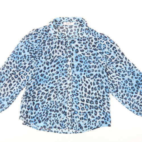 Axara Womens Blue Animal Print Polyester Basic Button-Up Size S Collared - Sheer