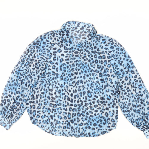 Axara Womens Blue Animal Print Polyester Basic Button-Up Size S Collared - Sheer