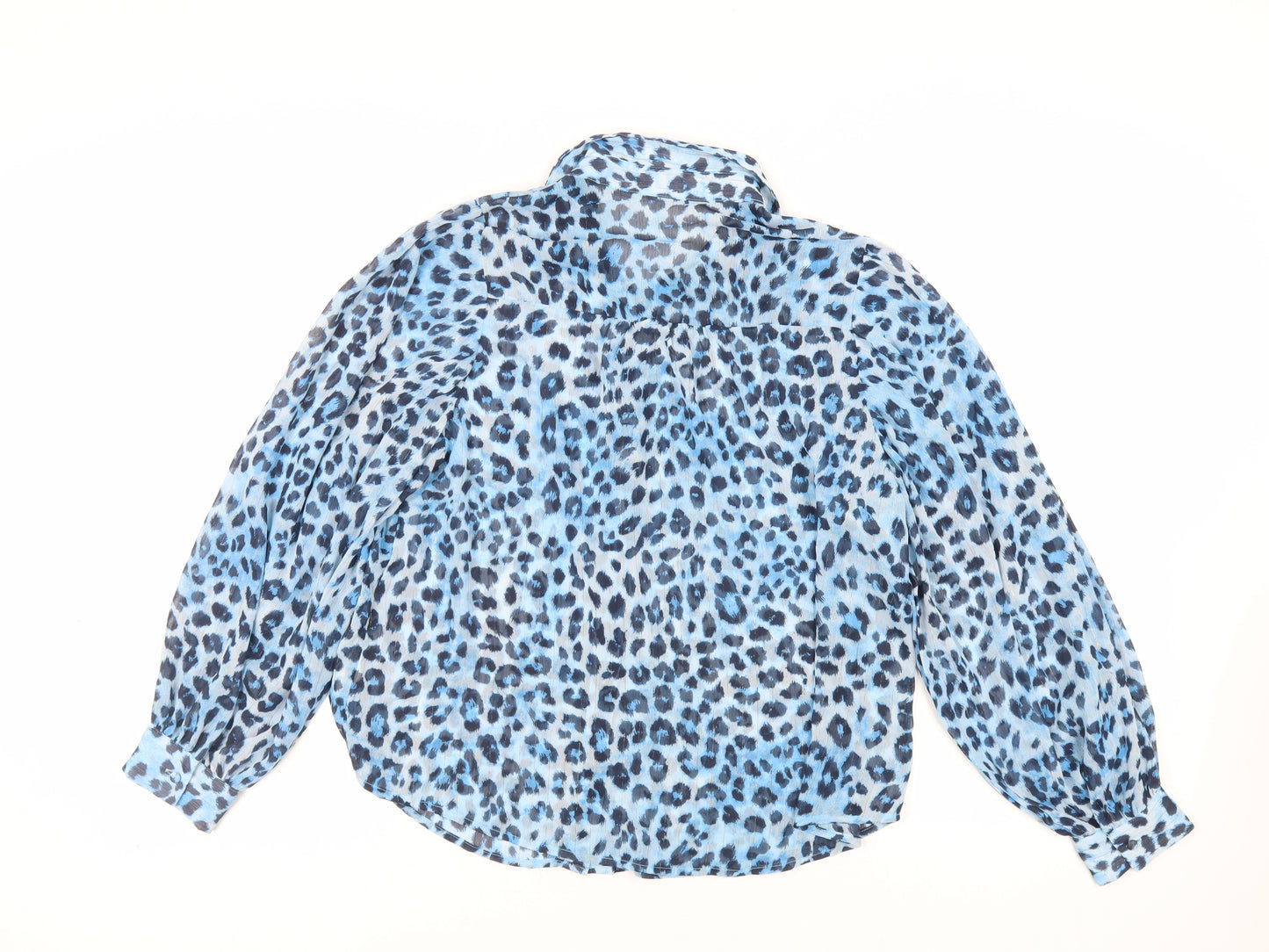 Axara Womens Blue Animal Print Polyester Basic Button-Up Size S Collared - Sheer