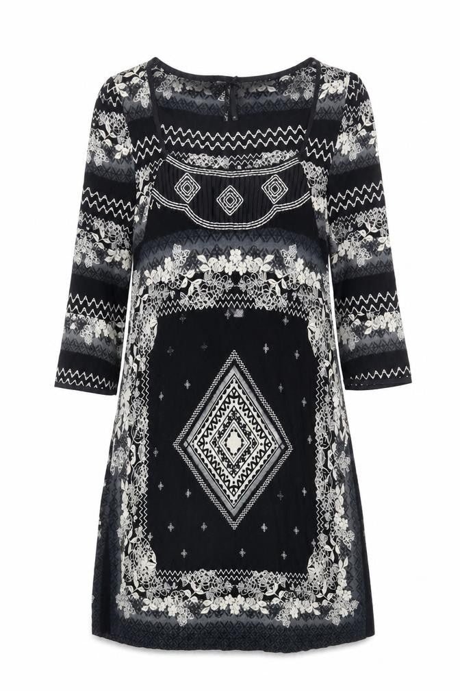 Front view of Next women’s black paisley viscose shift, size UK 12, square neck pullover