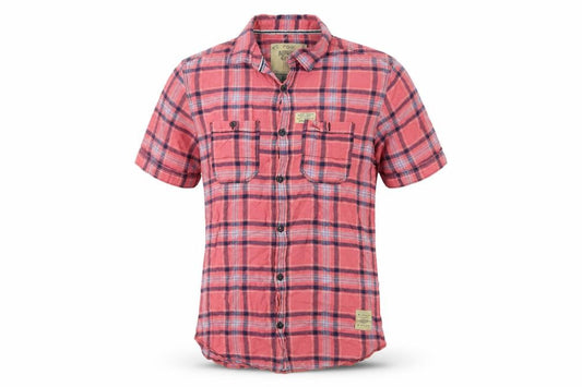 Front view of Next men’s pink plaid cotton button-up, size S, collared button