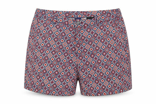 Front view of Basic Editions women’s blue geometric cotton basic shorts, size XL, 5-inch leg regular zip - pockets