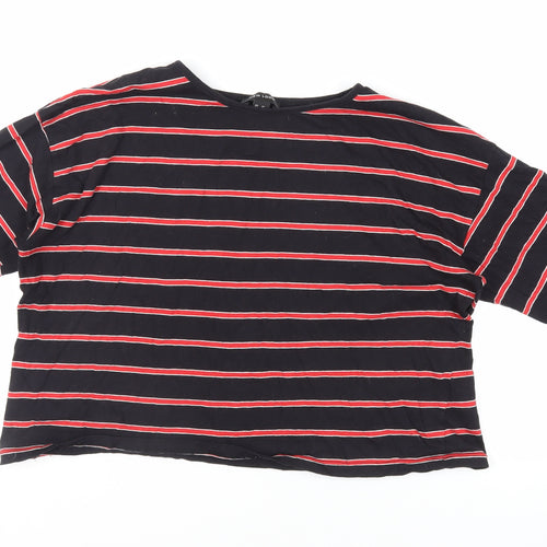 New Look Womens Black Striped Cotton Cropped T-Shirt Size 16 Crew Neck