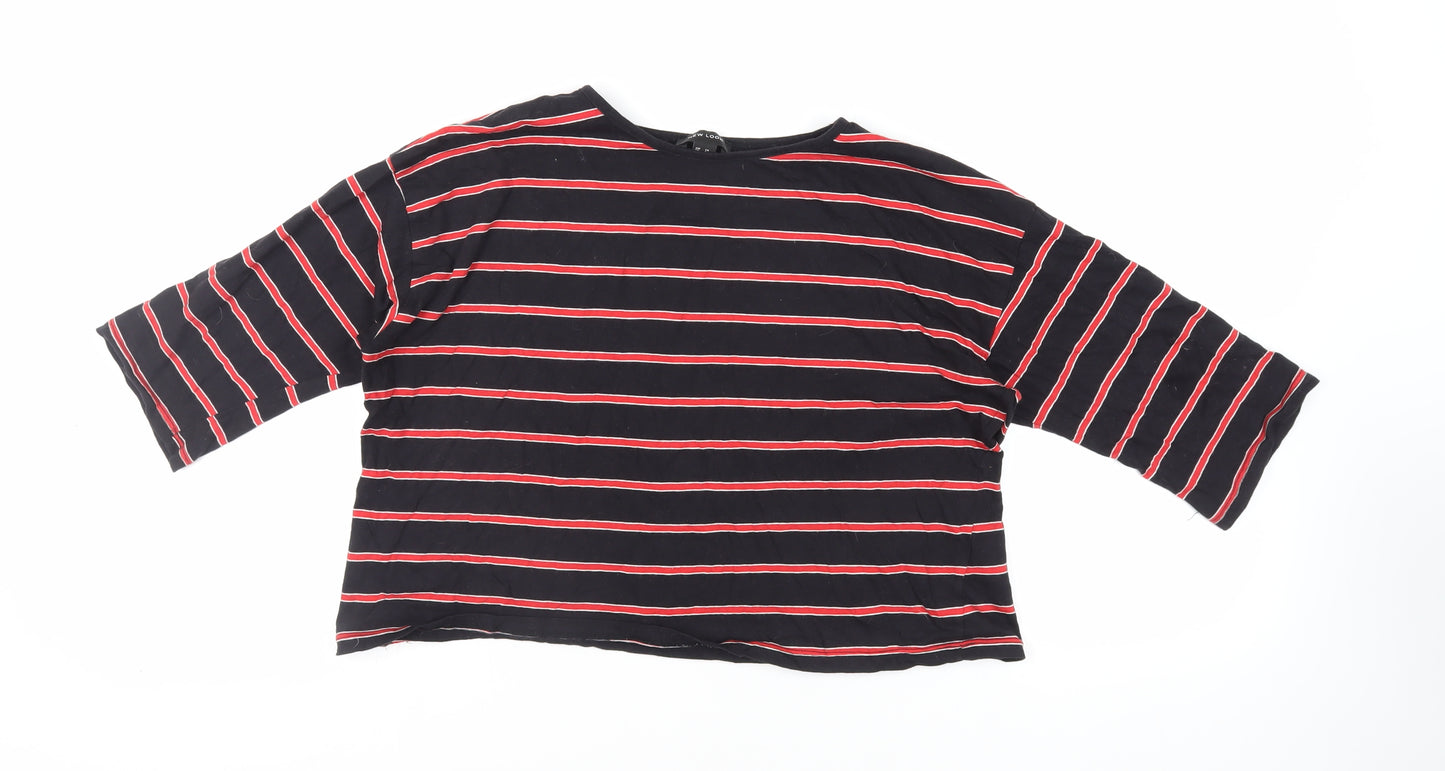 New Look Womens Black Striped Cotton Cropped T-Shirt Size 16 Crew Neck