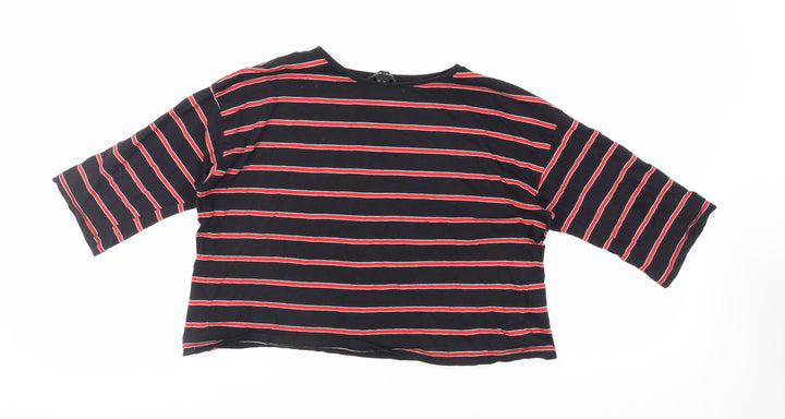 New Look Womens Black Striped Cotton Cropped T-Shirt Size 16 Crew Neck