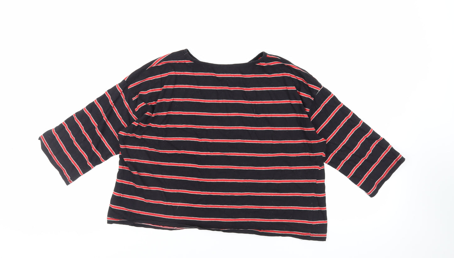New Look Womens Black Striped Cotton Cropped T-Shirt Size 16 Crew Neck