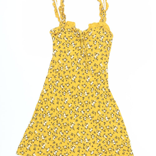 PRETTYLITTLETHING Womens Yellow Floral Viscose Mini Size 8 Round Neck Pullover