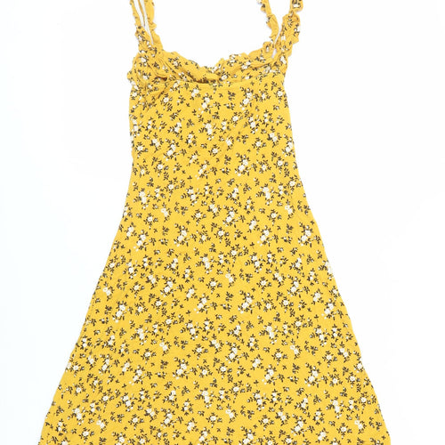 PRETTYLITTLETHING Womens Yellow Floral Viscose Mini Size 8 Round Neck Pullover