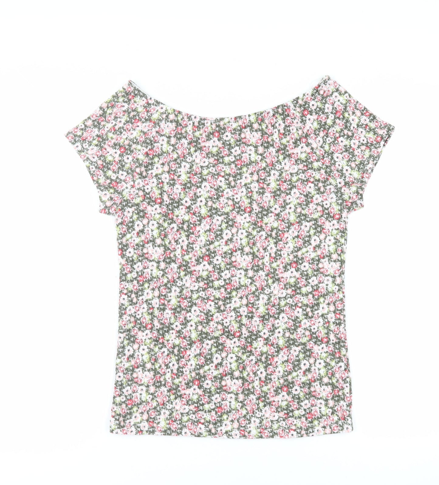 Marks and Spencer Womens Green Floral Cotton Basic T-Shirt Size 12 Boat Neck