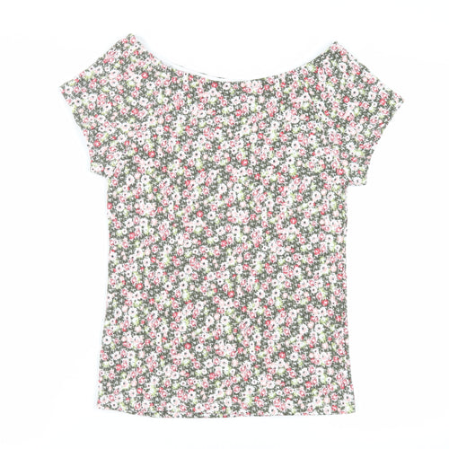 Marks and Spencer Womens Green Floral Cotton Basic T-Shirt Size 12 Boat Neck