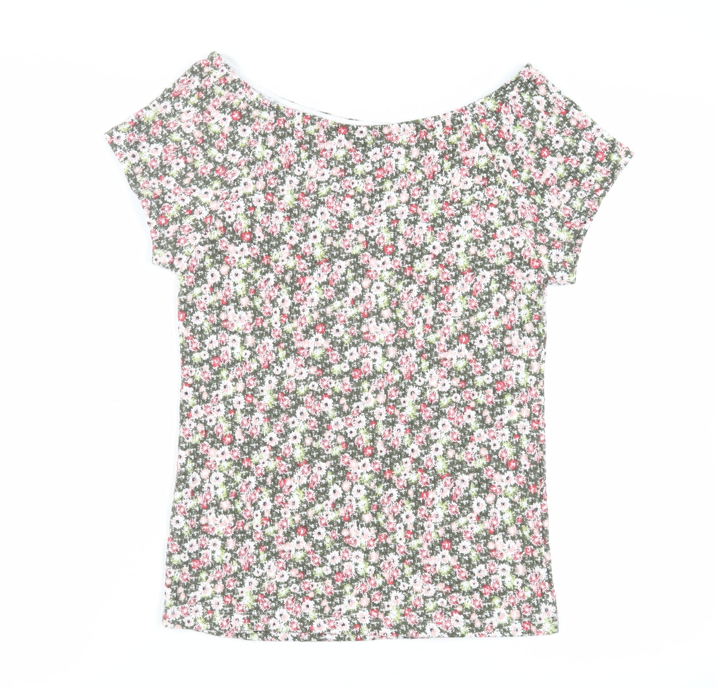 Marks and Spencer Womens Green Floral Cotton Basic T-Shirt Size 12 Boat Neck