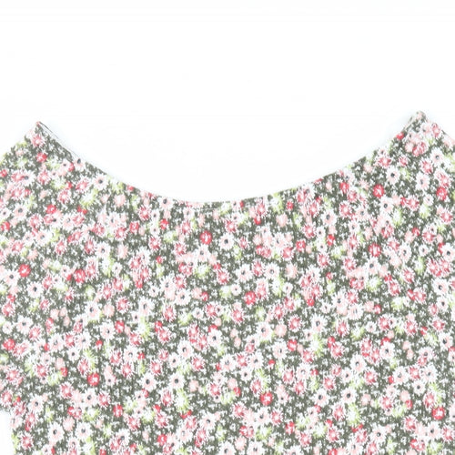 Marks and Spencer Womens Green Floral Cotton Basic T-Shirt Size 12 Boat Neck