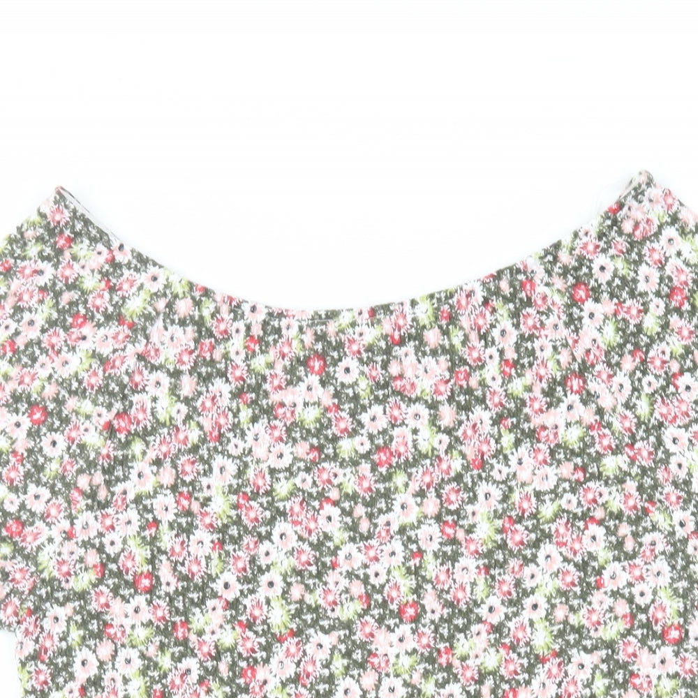 Marks and Spencer Womens Green Floral Cotton Basic T-Shirt Size 12 Boat Neck