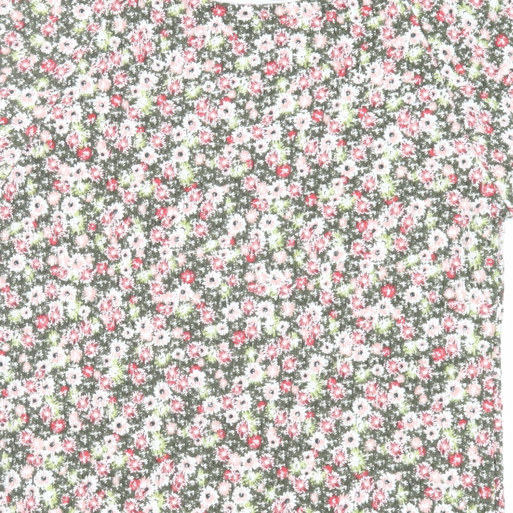 Marks and Spencer Womens Green Floral Cotton Basic T-Shirt Size 12 Boat Neck