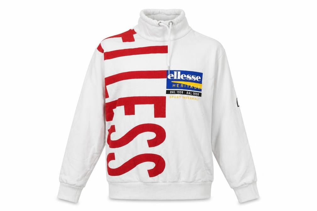 Front view of Ellesse women’s white cotton pullover sweatshirt, size UK 6