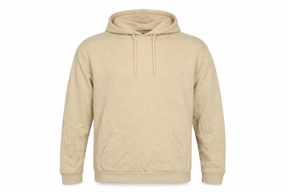 Front view of Topman men’s beige cotton pullover hoodie, size L