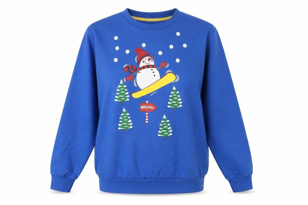 Front view of Cargo Quay women’s blue cotton pullover sweatshirt, size L