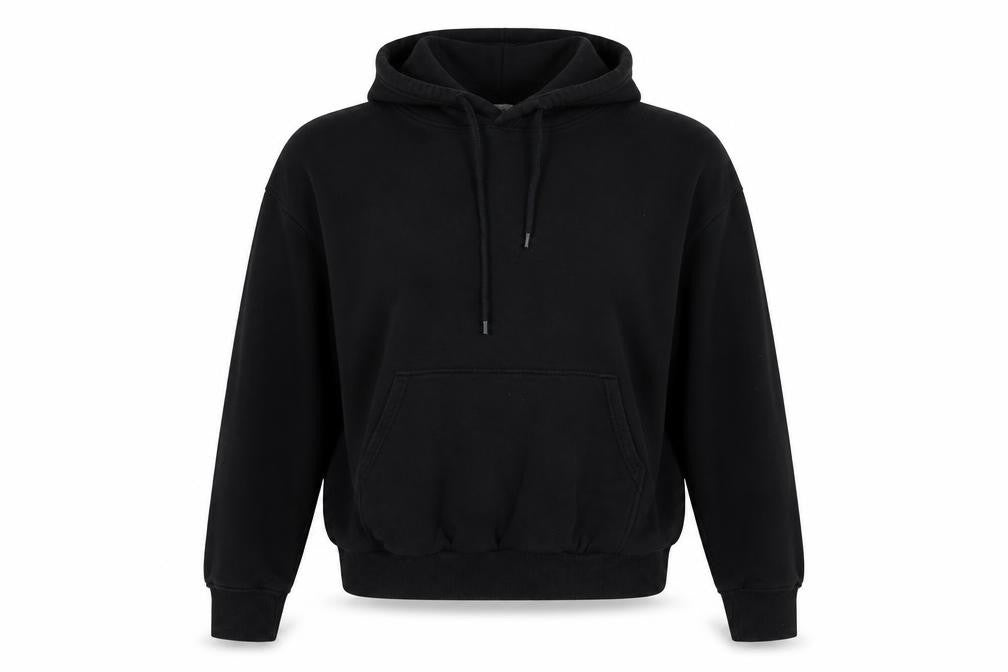 Front view of Weekend women’s black cotton pullover hoodie, size S