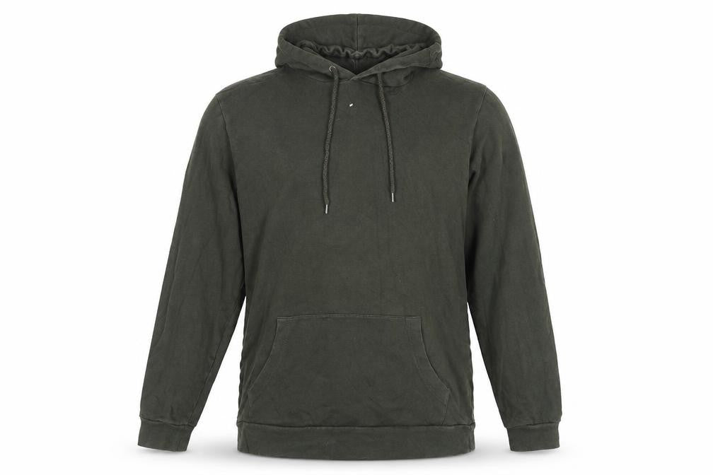 Front view of ASOS men’s green cotton pullover hoodie, size M