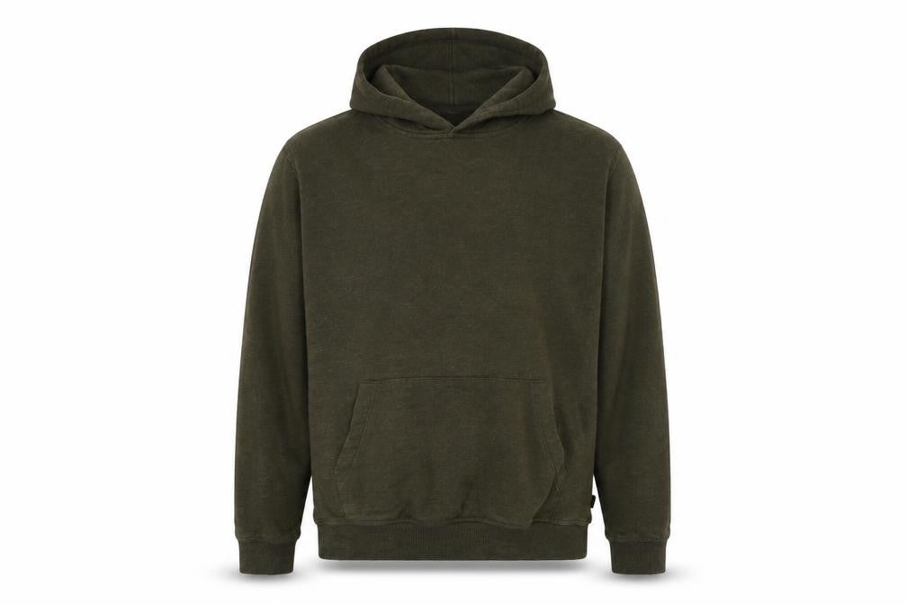 Front view of Burton men’s green cotton pullover hoodie, size L
